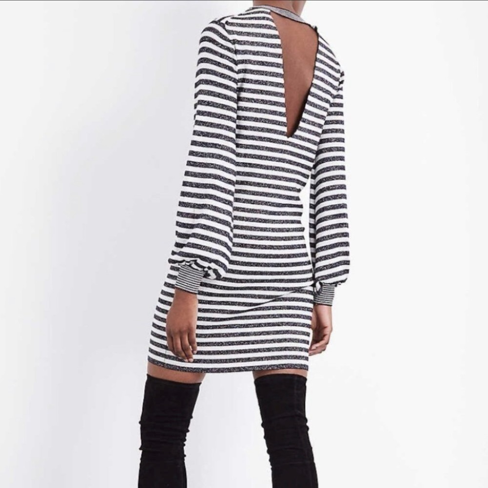 Maje Rushour Metallic Striped Long Sleeve Keyhole Stretch Knit Mini Dres…